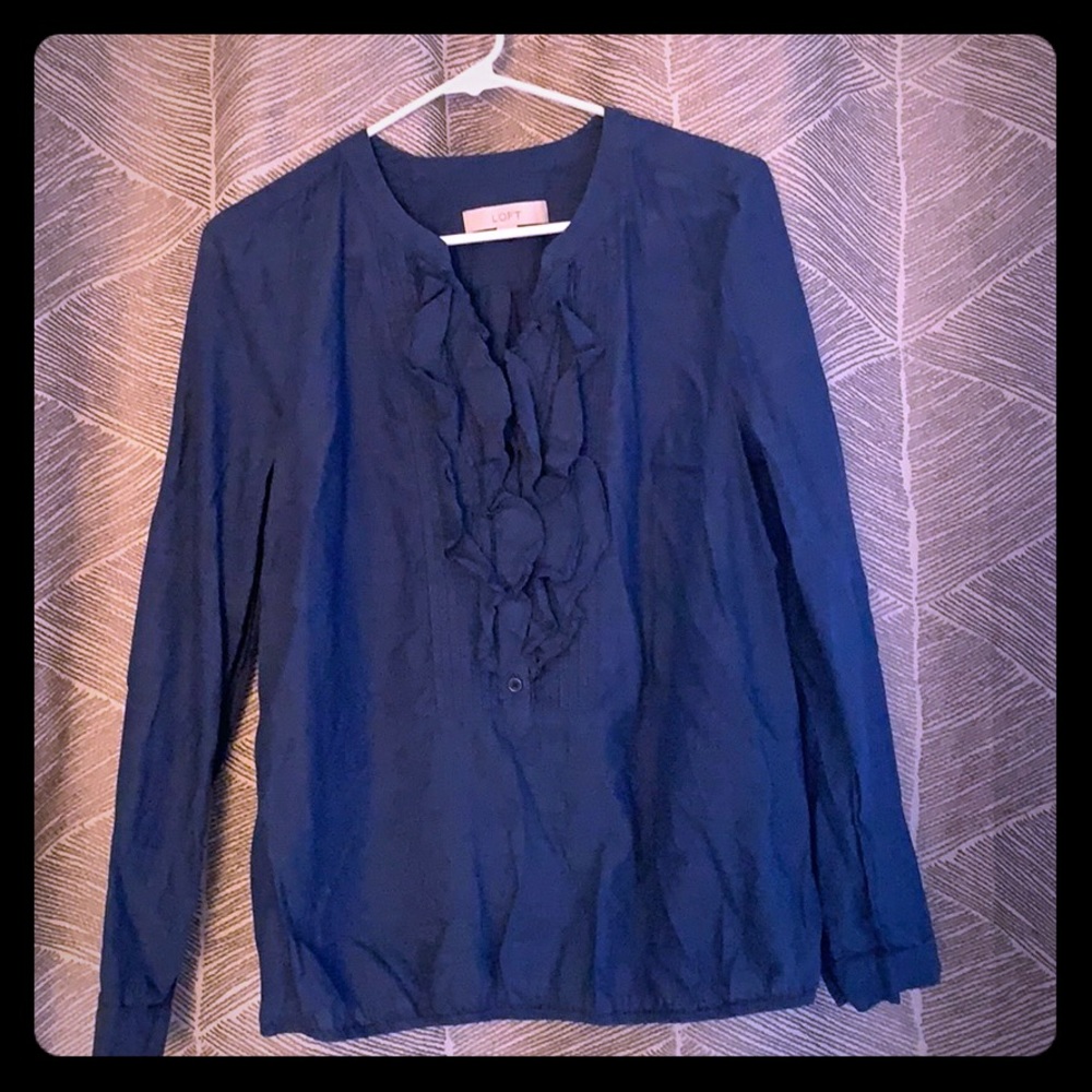 Denim blue ruffled blouse from LOFT.